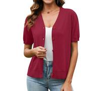 TIANZHU Damen Sommer Strickjacke V-Ausschnitt Leichte offene Vorderseite Strick Achselzucken Kurzarm Bolero mit Knöpfen, Dunkelrot, S