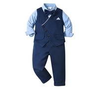 TiaoBug Baby Jungen Anzug Set Langarm Hemd mit Kentkragen Bluse Oxford Shirts mit Lange Hose Weste Gentleman Hochzeit Party Kleidung Set Blau 110-116