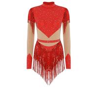 TiaoBug Damen Eiskunstlauf Kleid Langarm Rollkragen Eislaufen Rollschuh Kleid mit Glitzer Fransen Rock Ballettkleid Tanzkleid Mesh Spleiß Gymnastikanzug Rot M