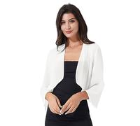 TiaoBug Damen Elegant Bolero Halbarm Chiffon Spitzen Jäckchen Cardigan Blazer offene transparent kurzes Oberteil Weiß P M