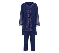 TiaoBug Damen Festlich Anzug Chiffon Spitzen Kurzarm T-Shirt + Langarm Cardigen + Lange Weite Hose Anzughose Abendanzug Brautmutter Hosenanzüge für Hochzeit Navy blau XXL