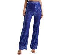 TiaoBug Damen Festlich Pailletten Hose Gefüttert mit Glitzer Schlaghose Glockenhose Flared Pants Bell Bottom 60er 70er Retro Kostüm Clubwear Königsblau S