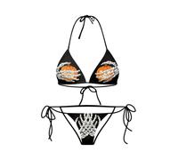 TiaoBug Damen Halloween Dessous Set Zweiteiler aus Bikini BH und Slip | Neckholder, zum Binden, Horror Kür ufdruck, Niedrige Taille, Schnür Seitlich