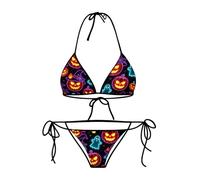 TiaoBug Damen Halloween Dessous Set Zweiteiler aus Bikini BH und Slip | Neckholder, zum Binden, Horror Kür ufdruck, Niedrige Taille, Schnür Seitlich