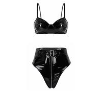 TiaoBug Damen Metallic Bikini Sets Zweiteiliger Badeanzug Bademode Wetlook BH Oberteil und Bikinihose Lack Leder Ouvert Slip mit Reisverschluss Schwarz High Waist S