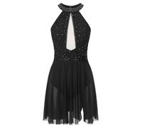 TiaoBug Damen Neckholder Ballettkleider Ärmellos Tanzkleider Glitzer Strass Skaterkleid Latein Lyrisch Modern Eiskunstlauf Bekleidung Schwarz XXL