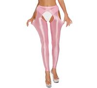 TiaoBug Damen ÖL Glanz Strumpfhose Offener Schritt Pantyhose Sport Yoga Hose Stretch Leggings Workout Training Tights Nylon Stockings Rosa A L