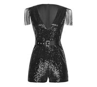 TiaoBug Damen Pailletten Jumpsuit Pailletten Tiefer V-Ausschnitt Overall Slim Fit Hosenanzug Kurz Einteiler mit Glitzer Gürtel Gogo Modern Jazz Outfits Clubwear Schwarz L