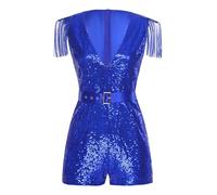 TiaoBug Damen Pailletten Jumpsuit Pailletten Tiefer V-Ausschnitt Overall Slim Fit Hosenanzug Kurz Einteiler mit Glitzer Gürtel Gogo Modern Jazz Outfits Clubwear Dunkelblau M