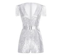 TiaoBug Damen Pailletten Jumpsuit Pailletten Tiefer V-Ausschnitt Overall Slim Fit Hosenanzug Kurz Einteiler mit Glitzer Gürtel Gogo Modern Jazz Outfits Clubwear Silber M