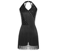TiaoBug Damen Pailletten Tanzkleid Strassstein Neckholder Latein Kleider Rückenfrei Trikot Body mit Bein Fransen Rock Flapper Eiskunstlauf Kleid Schwarz M
