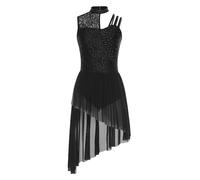 TiaoBug Damen Spitzen Ballettkleid Rollkragen Tanzkleid Asymmetrischer Chiffon Rock mit Slip Ballett Trikot Gymnastikanzug Lyrische Tanzbekleidung Schwarz XL