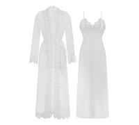 TiaoBug Damen Spitzen Morgenmantel und Spaghettiträger Babydoll Nachthemd Transparent Kimono Bademantel für Hochzeit Braut Nachtwäsche Robe Party JAG Pajama Weiß M