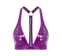 TiaoBug Damen Wetlook BH Lack Leder Optik Push up Bra ohne Bügel Bikini Oberteile Bustier Ouvert Unterwäsche mit Reißverschluss an Cups Gogo Outfits Clubwear Violett L