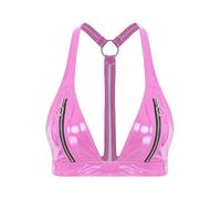 TiaoBug Damen Wetlook BH Lack Leder Optik Push up Bra ohne Bügel Bikini Oberteile Bustier Ouvert Unterwäsche mit Reißverschluss an Cups Gogo Outfits Clubwear Rosa XL