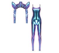 TiaoBug Damen Wetlook Body Ärmellos Spaghettiträger Jumpsuit Lack Leder Overalls lang Einteiler mit Brust Harness Langarm Bolero Motto Party Clubwear Blau XL