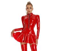 TiaoBug Damen Wetlook Kleid Ärmellos Rollkragen Minikleid Reiverschluss Bodycon Top und A-Linie Faltenrock Gogo Clubwear Rot A XXL