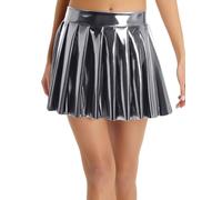 TiaoBug Damen Wetlook Minirock High Waist Glocken Skater Rock Lack Leder Faltenrock Sport Tennis Golf Skort Gogo Outfits Clubwear Grau M