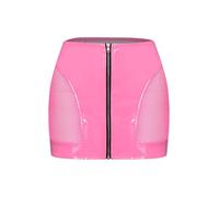 TiaoBug Damen Wetlook Rock Lack Leder Minirock Kurz Eng Lederrock mit Reißverschluss Transparent Netz Spleiß Freizeitrock Gogo Tanz Outfits Clubwear Rosa XXL