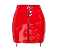 TiaoBug Damen Wetlook Rock Lack Leder Spitzen Minirock Kurz Eng Lederrock mit Reißverschluss Strumpfbändern Punk Gothic Kostüm Gogo Outfits Clubwear Rot M