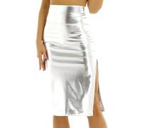 TiaoBug Damen Wetlook Rock Schwarz Stretch Lederrock Kurz Minirock Langer Midirock mit Schlitz Hohe Taille Midi-Rock Gogo Tanz Rave Nachtclub Outfit Silber XXL