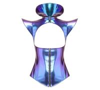 TiaoBug Damen Wetlook Unterbrust Corsage Stehkragen Kurzarm Crop Top Punk Gothic PU Leder Bustier Tanktop Oberteil mit Reißverschluss Aushöhl Gogo Clubwear Blau XL