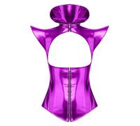 TiaoBug Damen Wetlook Unterbrust Corsage Stehkragen Kurzarm Crop Top Punk Gothic PU Leder Bustier Tanktop Oberteil mit Reißverschluss Aushöhl Gogo Clubwear Lila L