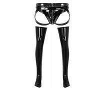 TiaoBug Herren halterlose Strümpfe Wetlook Lange Hohe Overknees Lack Leder Schwarz Kniestrümpfe Stretch Beinstulpen Männer Party Clubwear gr. M-XXL mit Slip L