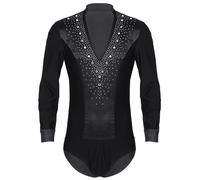 TiaoBug Herren Latein Body Langarm Hemdbody Ballettanzug V-Ausschnitt Stringbody Ballett Trikot Strasssteine Gymnastik Turn Leotard Tanzbekleidung Schwarz XL
