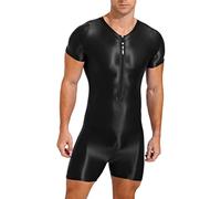 TiaoBug Herren ÖL Glanz Body Ärmellos/Kurzarm Bodysuit mit Bein Einteiler Kompression Unterwäsche Sport Trikot Leotard Schwarz E M