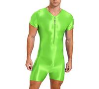 TiaoBug Herren ÖL Glanz Body Ärmellos/Kurzarm Bodysuit mit Bein Einteiler Kompression Unterwäsche Sport Trikot Leotard Leuchtendes Grün E M