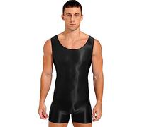 TiaoBug Herren ÖL Glanz Body Ärmellos/Kurzarm Bodysuit mit Bein Einteiler Kompression Unterwäsche Sport Trikot Leotard Schwarz F L