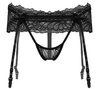 TiaoBug Herren Strings mit Rüschen T-Back String Tanga Slips Unterwäsche mit Strumpfhalter Elegant Strumpfgürtel M L XL Schwarz B One Size