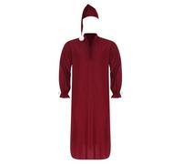 TiaoBug Herren Vintage Retro Nachthemd Langarm Schlafkleid mit Schlafmütze Loose Fit Nachtkleider Midi Lang Freizeitkleider Schnürung Nachtwäsche Burgund XL