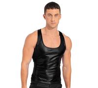 TiaoBug Herren Wetlook Tank Top Lack Leder Unterhemd Muskelshirt Ärmellos Sommer Weste Vest DJ Shirts Clubwear Schwarz H XL