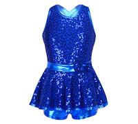 TiaoBug Mädchen Ballettkleider Glänzend Pailletten Ballettanzug Jazz Kleider Ärmellos Rückenfrei Body Ballett Trikot mit Kurze Hose und Rock Tanzkleider Royal Blau 122-128