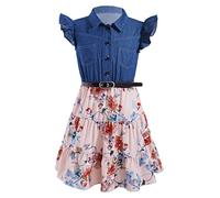 TiaoBug Mädchen Denim Kleid Kurzarm/Ärmellos Blusenkleid Lässig Rock Sommerkleid Kinder Frühling Herbst Freizeitkleider
