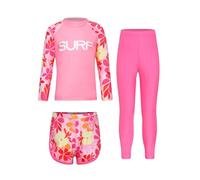 TiaoBug Mädchen Jungen Bade Set Ganzkörper Badeanzug aus Rashguard Langarmshirt + Badehose + Lange Hose zum Schwimmen UV Schutz Schnelltrockende Strandmode Rosa 110-116