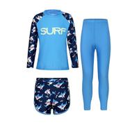 TiaoBug Mädchen Jungen Bade Set Ganzkörper Badeanzug aus Rashguard Langarmshirt + Badehose + Lange Hose zum Schwimmen UV Schutz Schnelltrockende Strandmode Blau 104-110