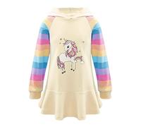 TiaoBug Mädchen Kapuzenpullover Langarm Sweatkleid mit Kapuze Einhörner Aufdruck Hoodie Cartoon Top Herbst Winter Kleid Knielang Freizeitkleider Khaki B 122-128
