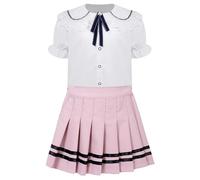 TiaoBug Mädchen Kurzarm Weißes Hemd Bluse und Streifen Faltenrock Plisseerock Sommer Schuluniform Kinder Einschulung Party Outfits Rosa O 134-140
