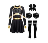 TiaoBug Mädchen Langarm Cheerleading Kleid Metallic Streifen Tanzkleider Glitzer Buchstaben T-Shirt und Faltenrock mit Kniestrümpfe und Pompons Schleife Haargummi