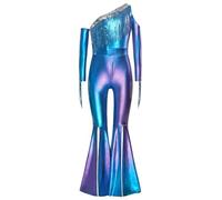 TiaoBug Mädchen Metallic Jumpsuit Lack Leder Overall mit Fransen Aushöhl Ein-Schulter Ganzkörperanzug Body mit Schlaghose Glockenhose Hosenanzug Disco Hippie Outfits Blau 146-152