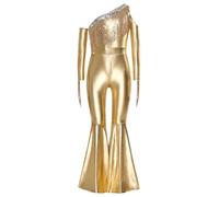 TiaoBug Mädchen Metallic Jumpsuit Lack Leder Overall mit Fransen Aushöhl Ein-Schulter Ganzkörperanzug Body mit Schlaghose Glockenhose Hosenanzug Disco Hippie Outfits Gold 146-152