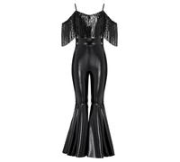 TiaoBug Mädchen Wetlook Jumpsuit Lack Leder Overall mit Spaghettiträgern Fransen Ärmellos Ganzkörperanzug Body mit Schlaghose Modern Hosenanzug Hochzeit Festzug Outfits Schwarz 134-140