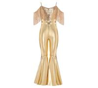 TiaoBug Mädchen Wetlook Jumpsuit Lack Leder Overall mit Spaghettiträgern Fransen Ärmellos Ganzkörperanzug Body mit Schlaghose Modern Hosenanzug Hochzeit Festzug Outfits Gold 134-140