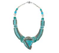 Tibetan Silver Türkis Halskette Damen Boho Statement Collier Ethno Schmuck Handgefertigte Festival Halskette