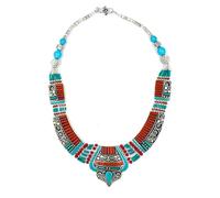 Tibetan Silver Türkis Koralle Halskette Damen Boho Statement Collier Ethno Schmuck Handgefertigte Festival Halskette