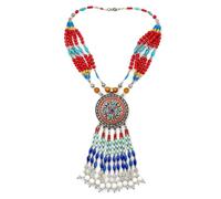 Tibetan Silver Y Halskette Damen Rundes Medaillon Boho Statement Collier Ethno Schmuck Handgefertigte Festival Halskette