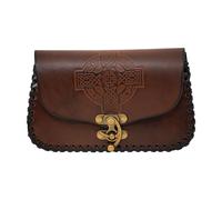Tiefe Ledertasche mit keltischem Kreuz und Flechtrand - Braun